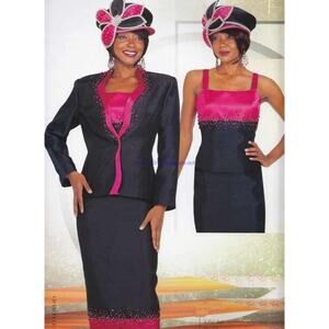 Chancelle Church Suit 16115 Navy with Fuchsia Jacket Top Skirt size 18